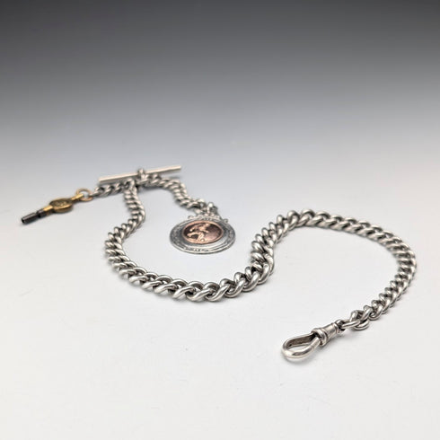 1895 British Antique Sterling Silver Albert Chain, 64g, Sterling Silver Soccer Medal Fob